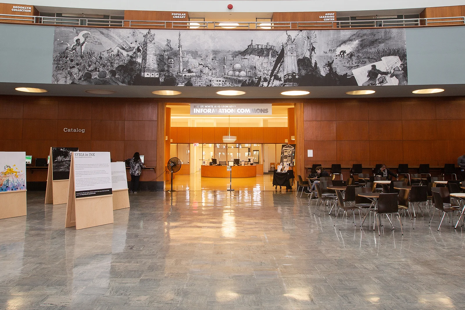 Molly Crabapple mural, 7 x 42', from Syria in Ink at the Brooklyn Public Library. Image © the Brooklyn Public Library.