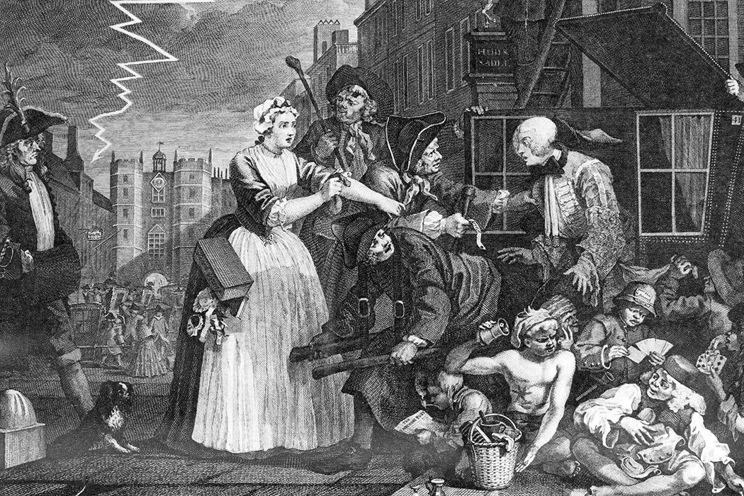 A man faces arrest in a plate from William Hogarth's The Rake's Progress, 1735 via Wikimedia Commons