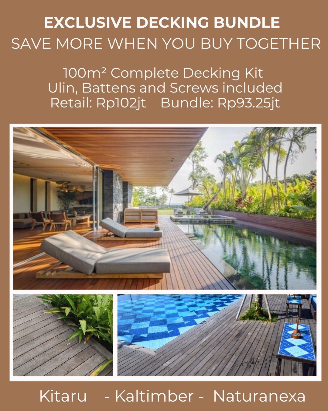 Exclusive Decking Bundle &ndash; Save More When You Buy Together

Get premium reclaimed Ulin decking from Kaltimber, durable battens @naturanexa.building.components , and top-grade screws from @kitaru.lumberyard.bali &mdash; all in one discounted pac