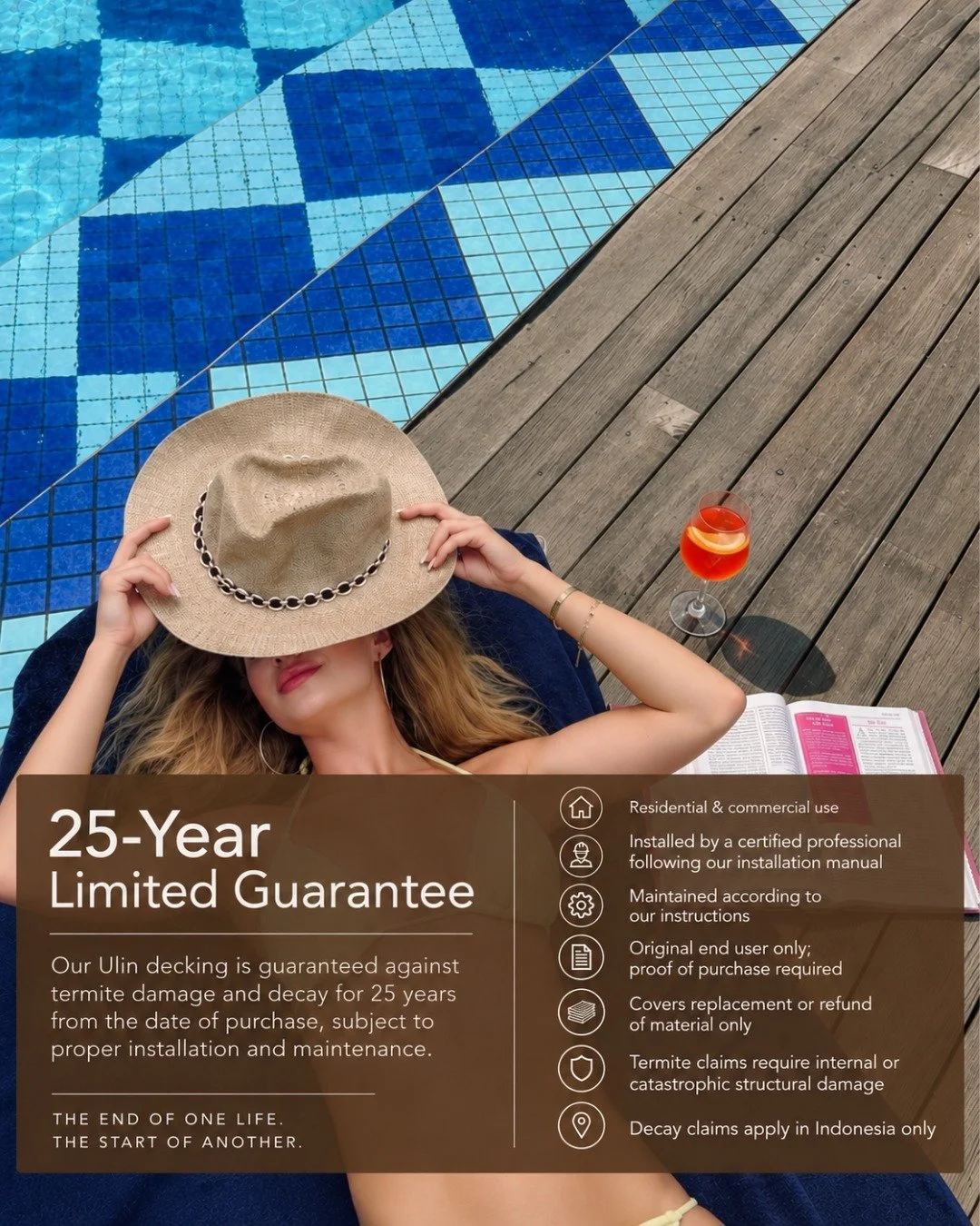 Good wood shouldn't need a sales pitch.  It should give you confidence in what you're putting under your feet.

With reclaimed Ulin, that confidence goes beyond durability. Kaltimber backs its decking with a 25-year limited guarantee.

Because reclai