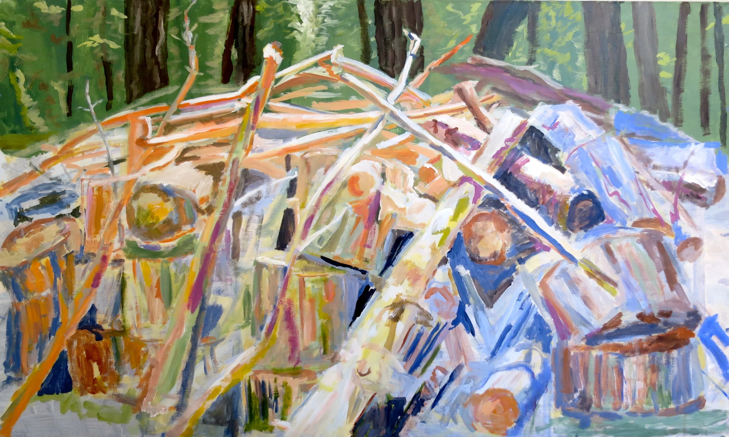Woodpile near Drakesbad Ranch, Acrylic on canvas 36" x 60" (unfinished)