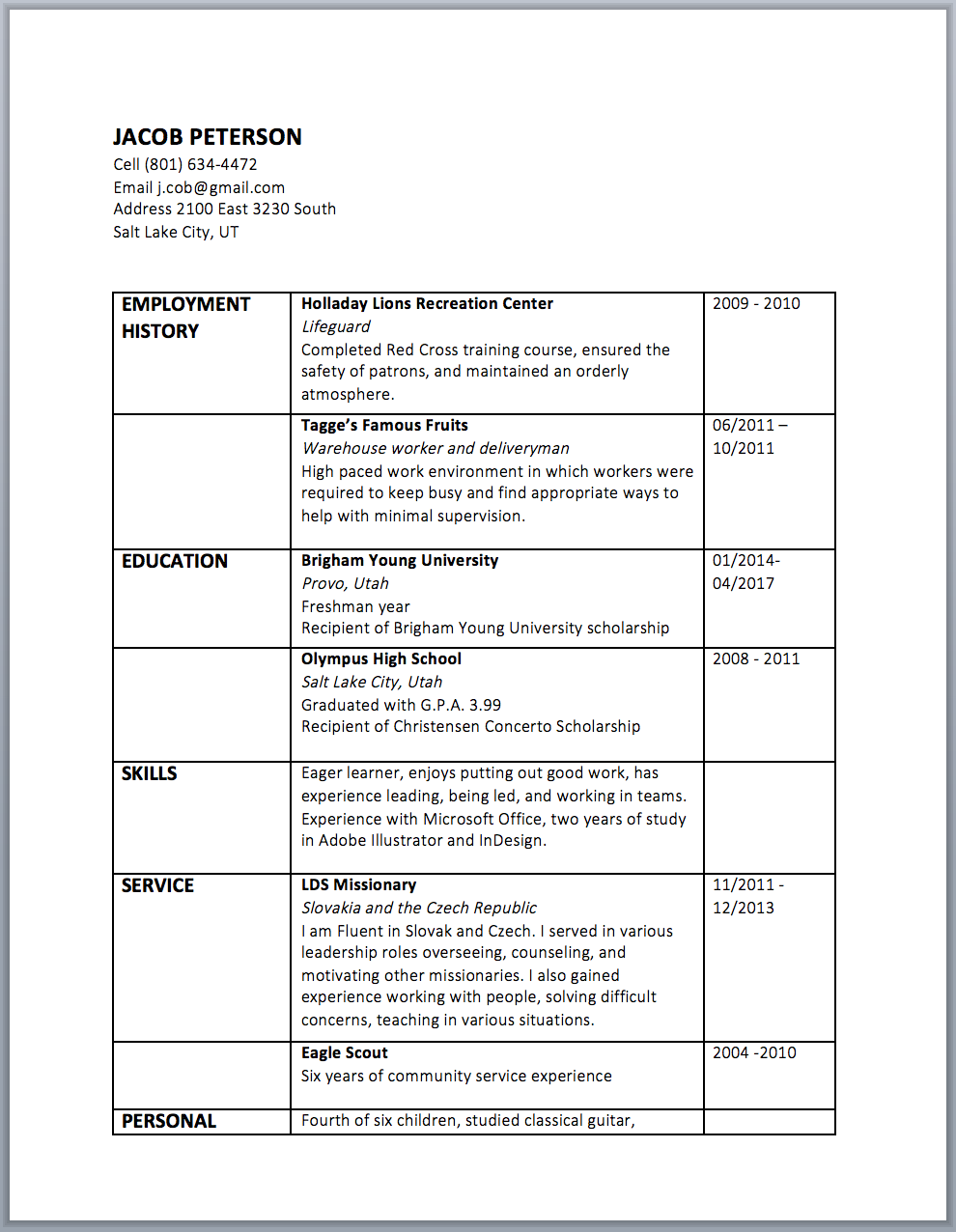 I didn't want to make this resume too complicated, so I kept everything in the same font family. I used Calibri Bold 13pt for the titles, Calibri Italic 11pt for the subtitles and Calibri light 11pt for the body text. Jacob's name is 18pt, but I might make it even bigger.