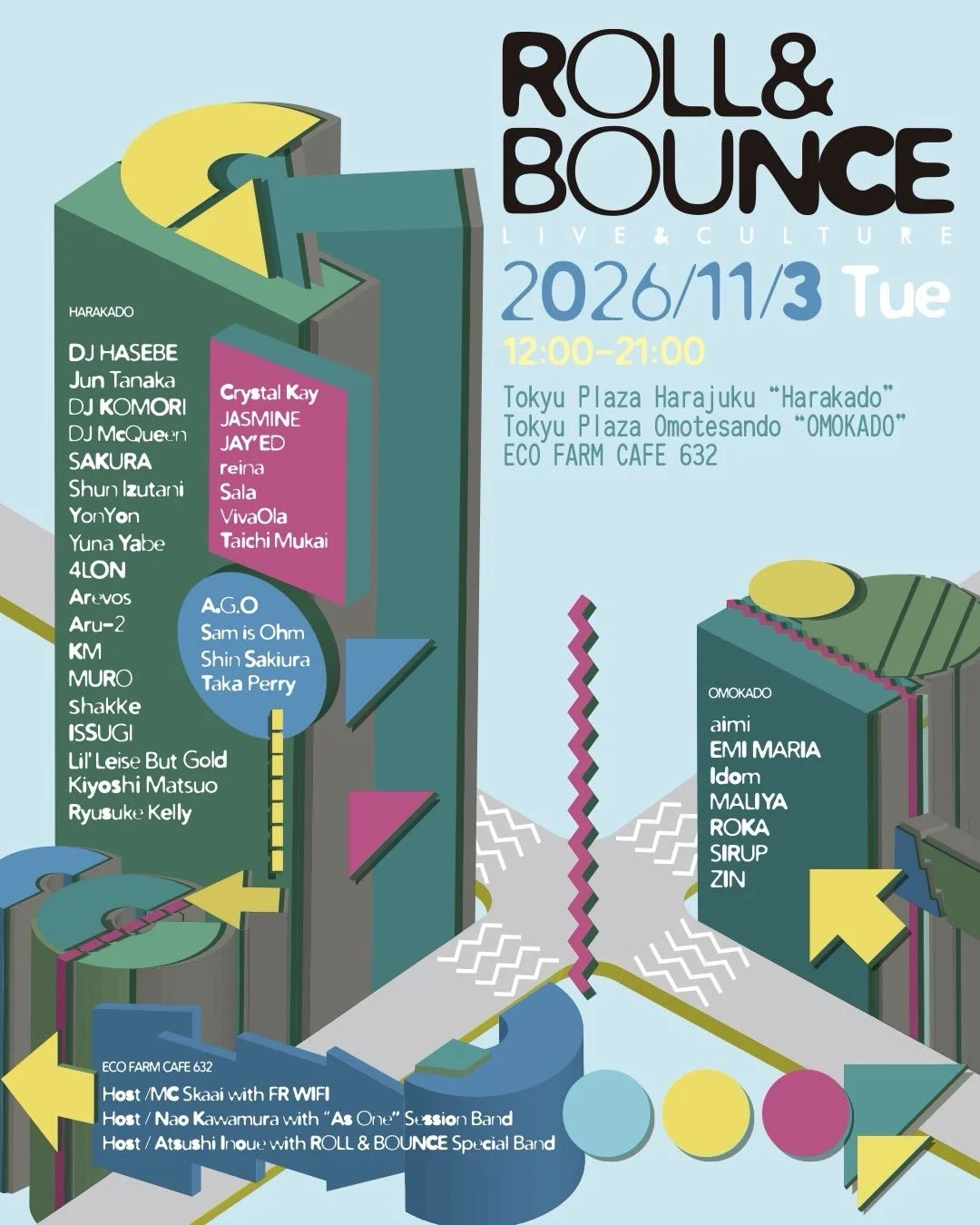 東急プラザ原宿「ハラカド」、東京プラザ表参道「オモカド」で開催されるROLL&amp;BOUNCEのハラカド6階・7階フロアの制作、運営をTAPにて担当させていただきます。

■開催日
2026年11月3日(火・祝)

■会場
東急プラザ原宿「ハラカド」
東京プラザ表参道「オモカド
ECO FARM CAFE632

■イベント開催時間
12時〜21時

■入場料
無料

#ハラカド
#オモカド
#LIVE
#DJ
#TAP