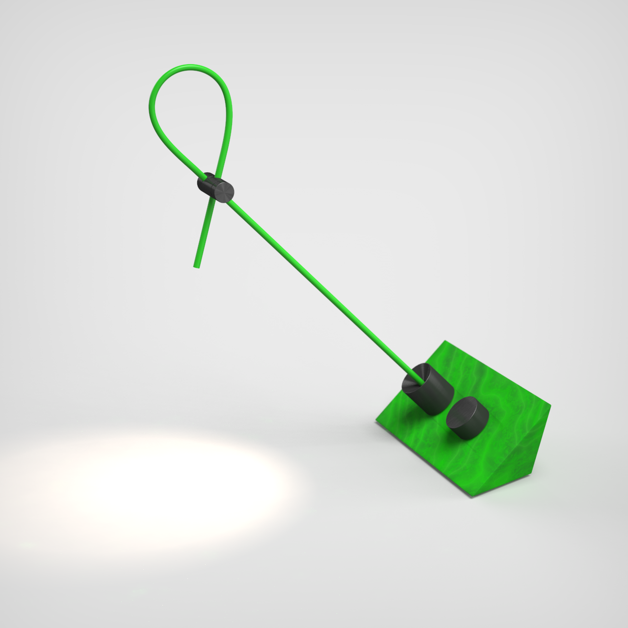 This one uses fiber optics to deliver the light from the source within the heavy base to the delicate tip of its fiber bundle. The angle is adjusted with a plastic spring locking toggle like those used to in the drawstring of your parka.