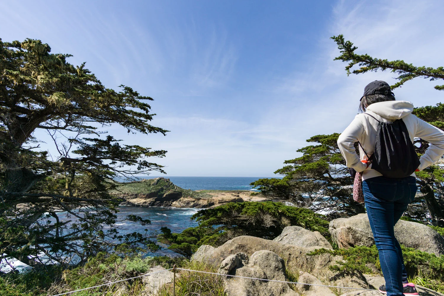 My mom peering out at South Point through the trees