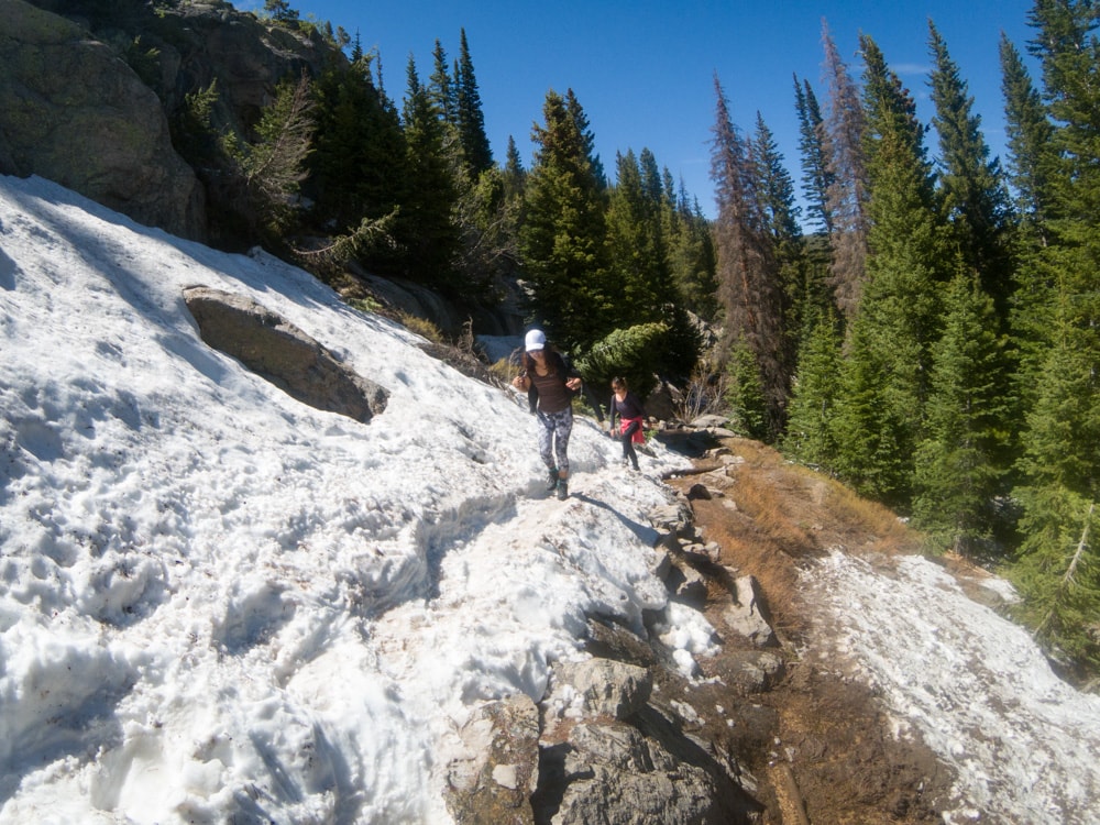 Encountering our first patch of snow