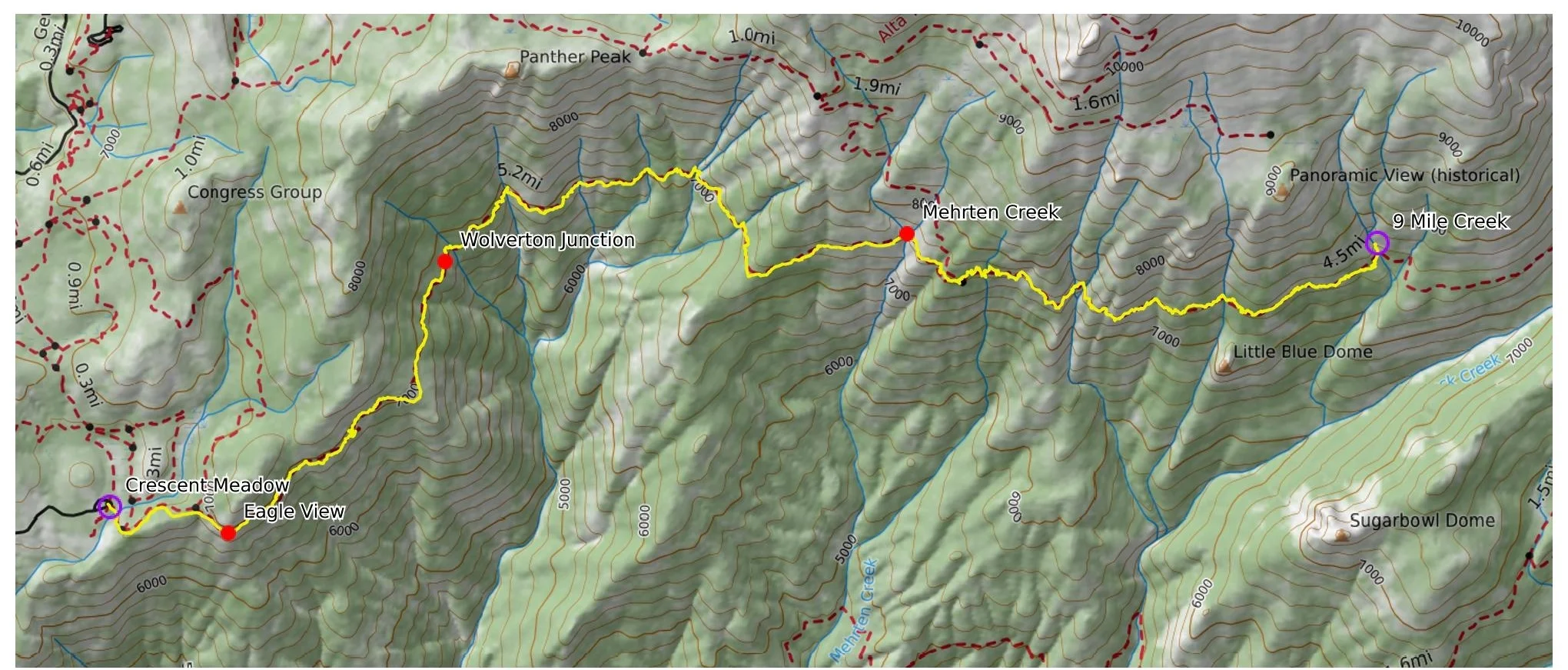 High Sierra Trail Day 1 — Crescent Meadow to 9 Mile Creek