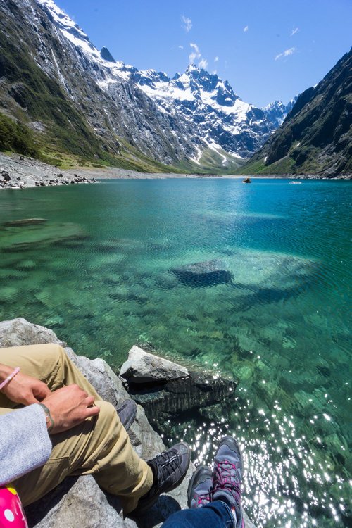 Having lunch at Lake Marian in Fiordland Park