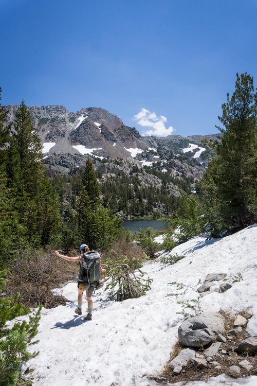 Trying to hike up a slushy snow hill above Skelton