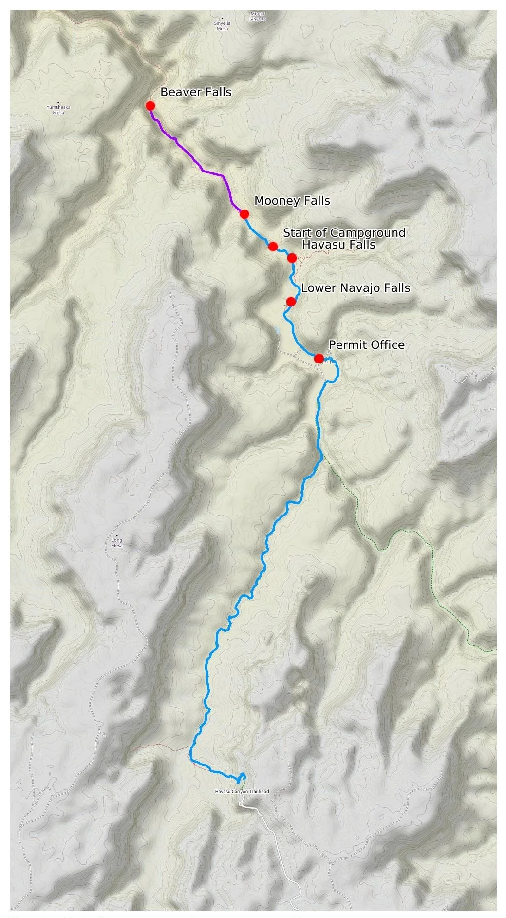 Trail map for our four day Havasu Backpacking trip, including a day hike down to Beaver Falls from the campground