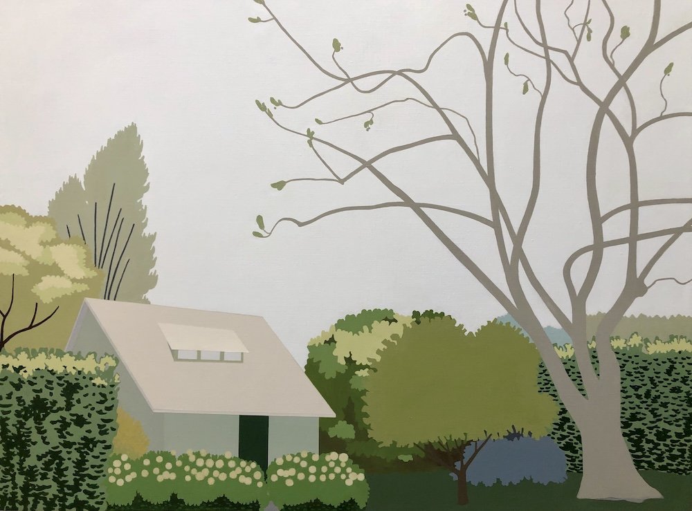 Green House with Sycamore, acrylic on linen, 36x48 inches (SOLD)