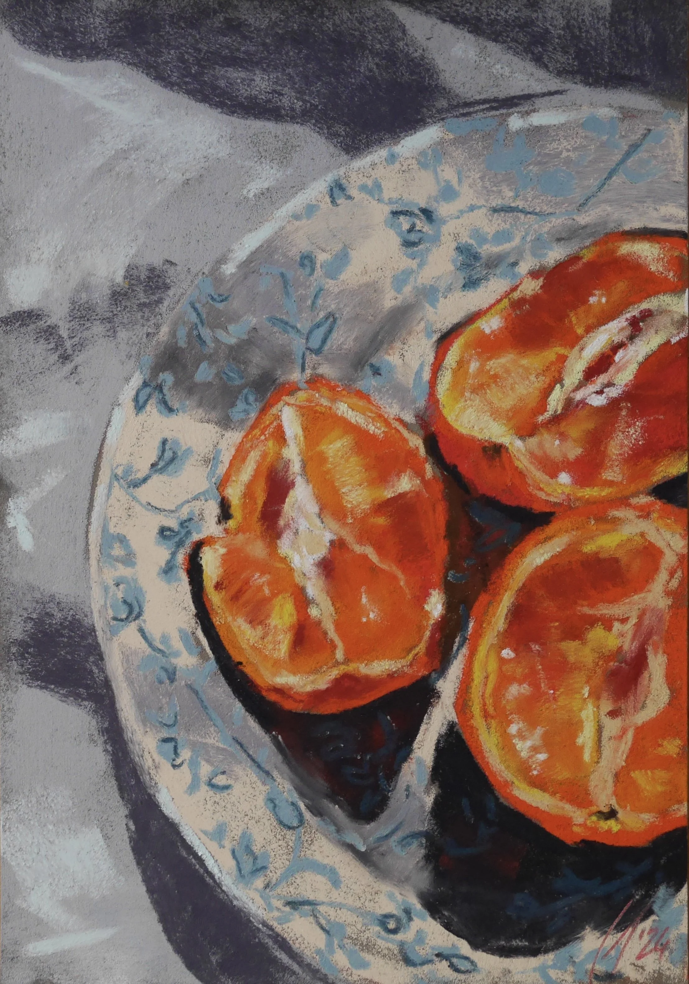 oranges on white and blue plate impressionist style with pastels