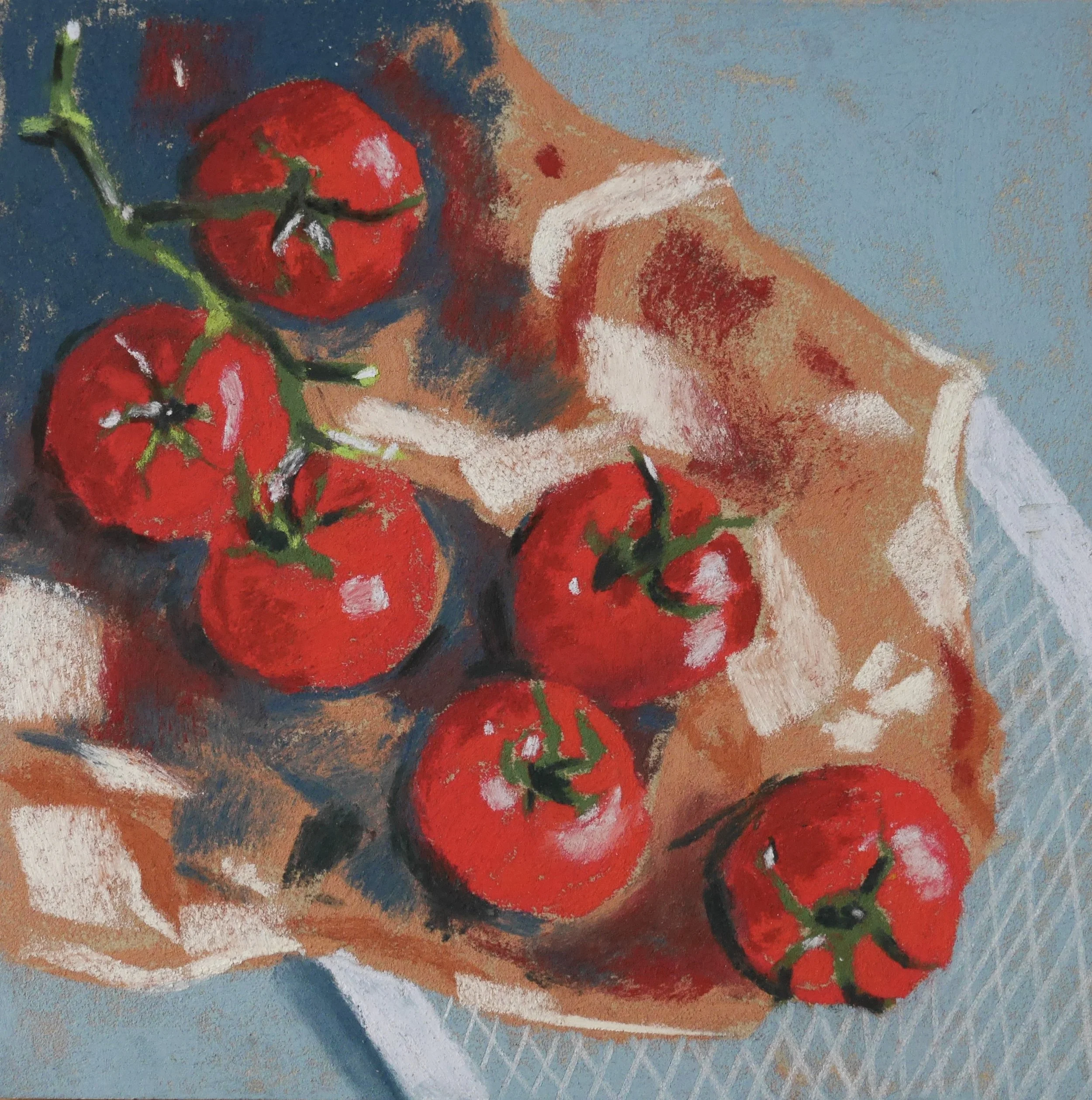 tomatoes on the vine and freshly plucked, cropped on a blue background with impression of paper bag, pastel on paper.