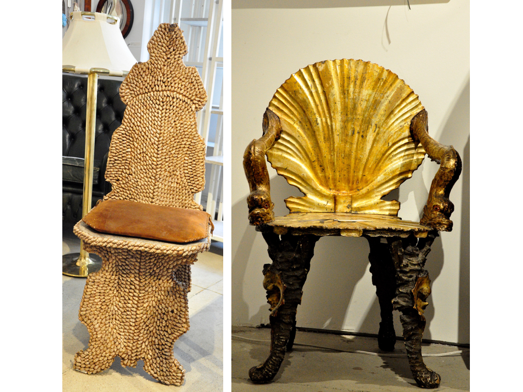 Deze stoeltjes zijn wel mijn favoriet. De vormgeving van de grotto shell chair rechts en de kleine schelpjes op de stoel links. 