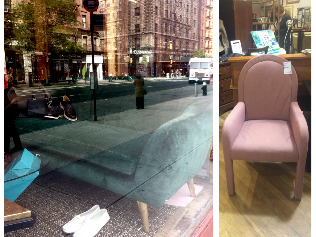 Linker foto is vooral artistiek, maar het gaat om de groene velvet bank. Stoeltjes rechts is een leuk slaapkamer stoeltje om te bekleden. 