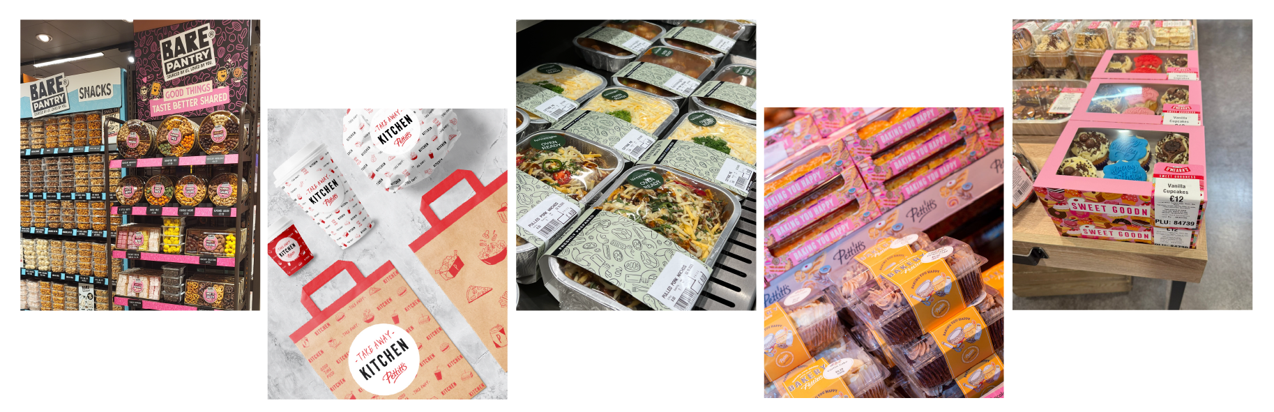 A variety of baked goods and snacks displayed in a grocery store. The first section shows shelves with different packaged snacks labeled 'Bare Pantry Snacks.' The second section features takeout containers with prepared meals labeled 'Take Away Kitchen.' The third section displays trays of assorted baked foods, including muffins and cupcakes, with bright packaging. The last section shows a pink box containing decorated cupcakes labeled 'Sweet Goodn,' on a wooden table.