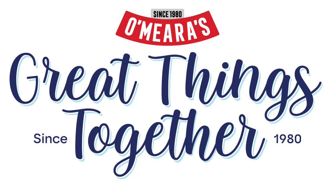 Logo for O'Meara's featuring the slogan 'Great Things Together,' established in 1980 with decorative blue text.