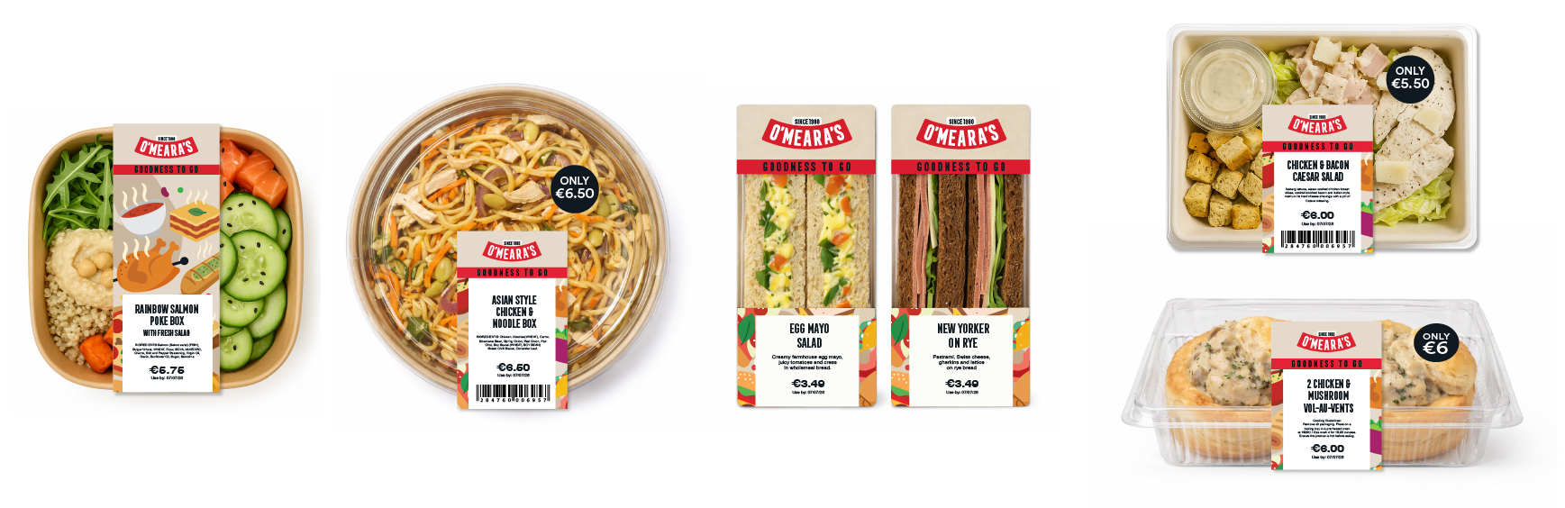 Pre-packaged ready-to-eat salads, sandwiches, pasta, and baked items from O'Meara's, with labels indicating prices and ingredients.