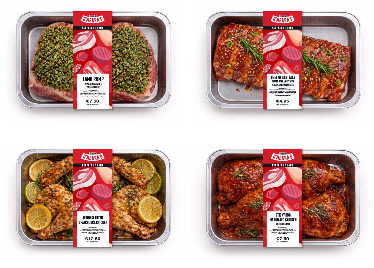 Four prepared meat dishes in metal trays with labels: Lamb Rump with mint and balsamic vinegar crust, Beef Grillsteaks with cream and cheddar cheese, Lemon and Thyme Spatchcock Chicken with lemon slices, and Sticky BBQ Marinated Chicken with rosemary.