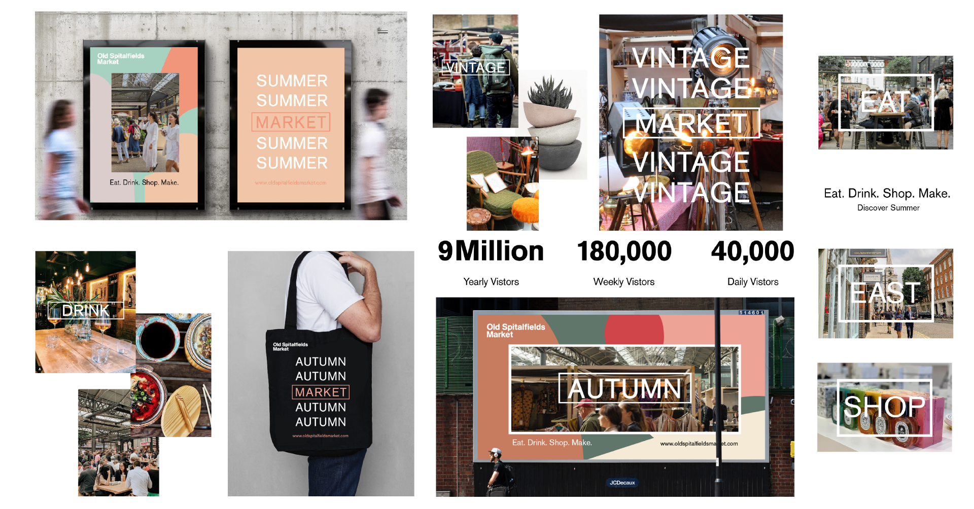 Old Spitalfields Market retail environment design showing signage, seasonal campaign graphics and visitor communications in London.