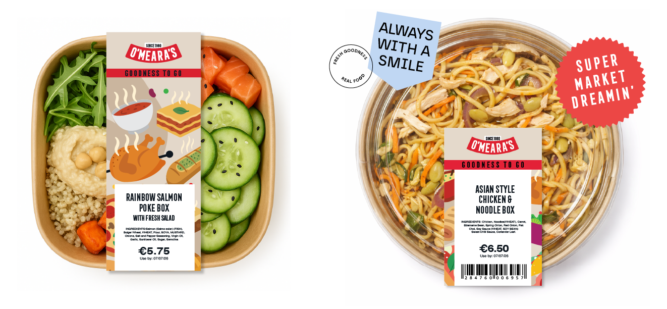Prepackaged meal containers with salads on the left and a noodle dish with chicken on the right, labeled with branding and prices.