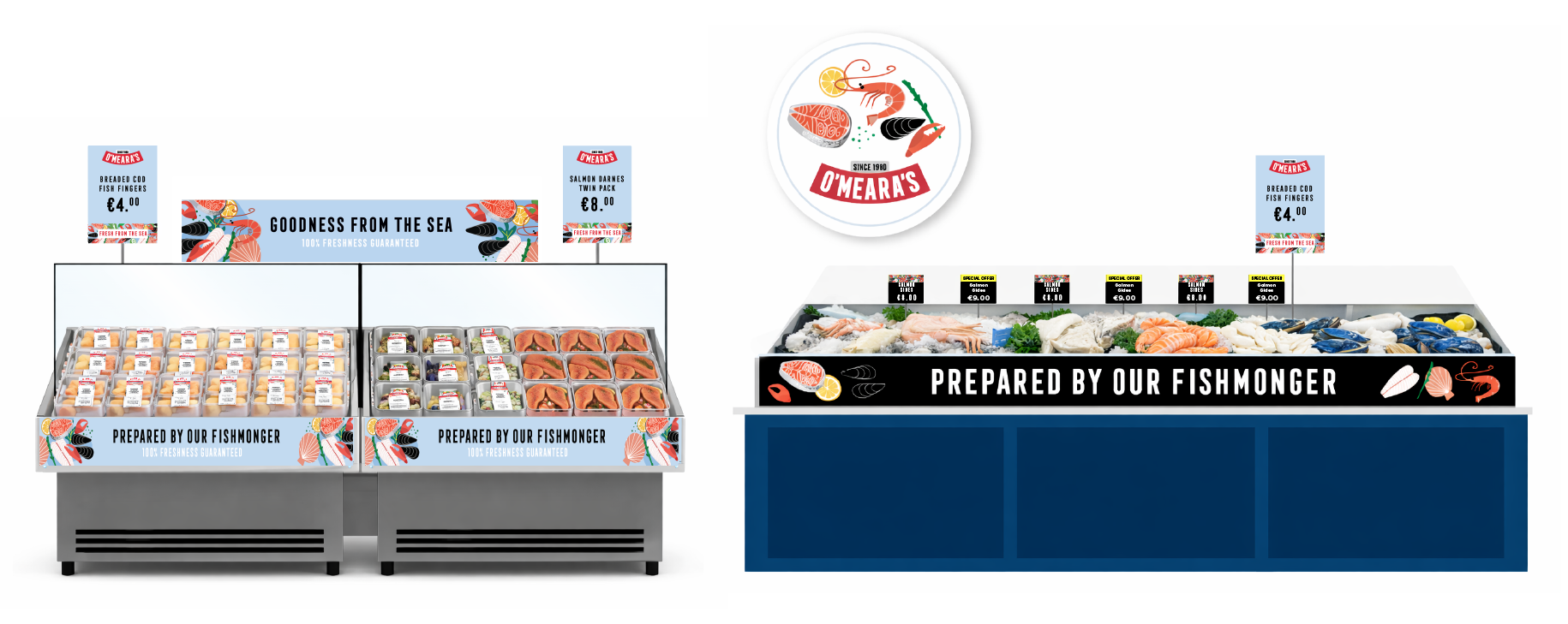 Seafood display at a market with signs for breaded cod fish fingers and salmon, showcasing fresh fish and seafood prepared by a fishmonger.