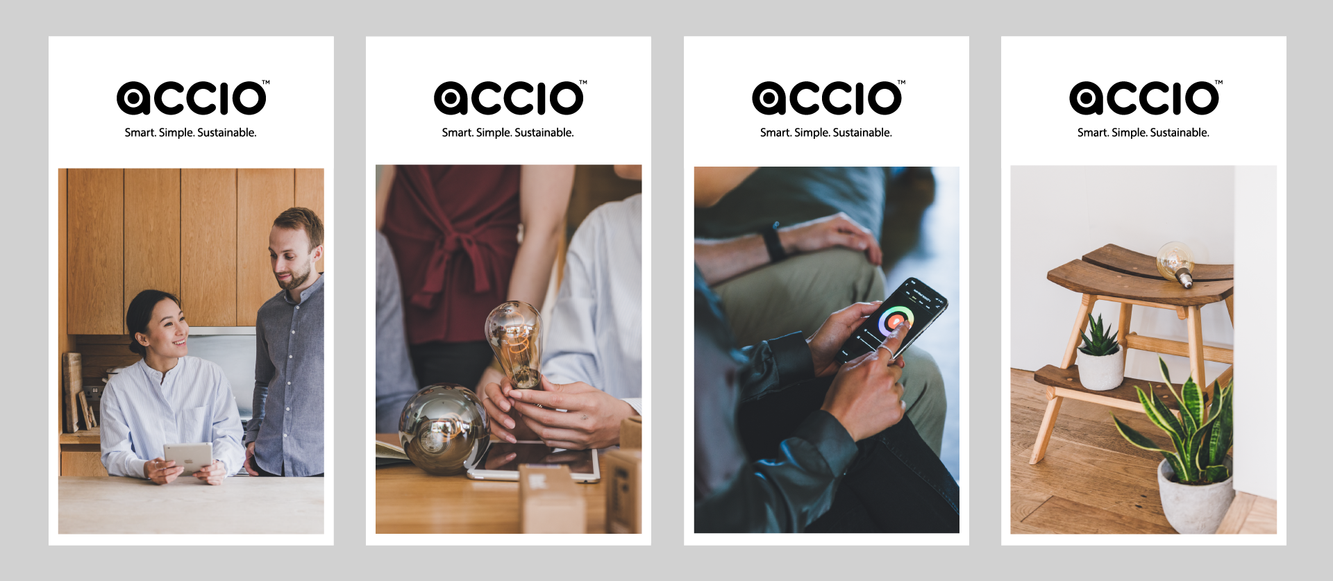 Accio smart home lighting lifestyle photography by LMPP Studio, featuring people using tablets and mobile apps to control lighting, hands-on product interactions with decorative bulbs, and styled interior scenes with sustainable lighting.