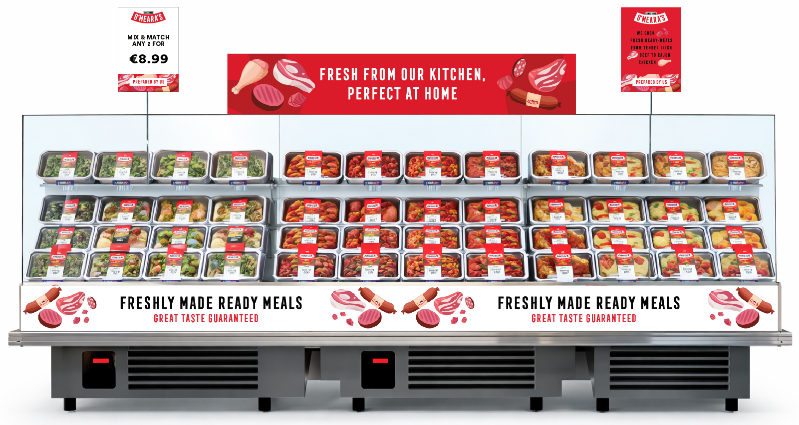 Display of pre-packaged ready meals in a supermarket freezer with branding from O'Meara's, featuring fresh meat dishes and vegetables, with signs indicating prices and meal options.