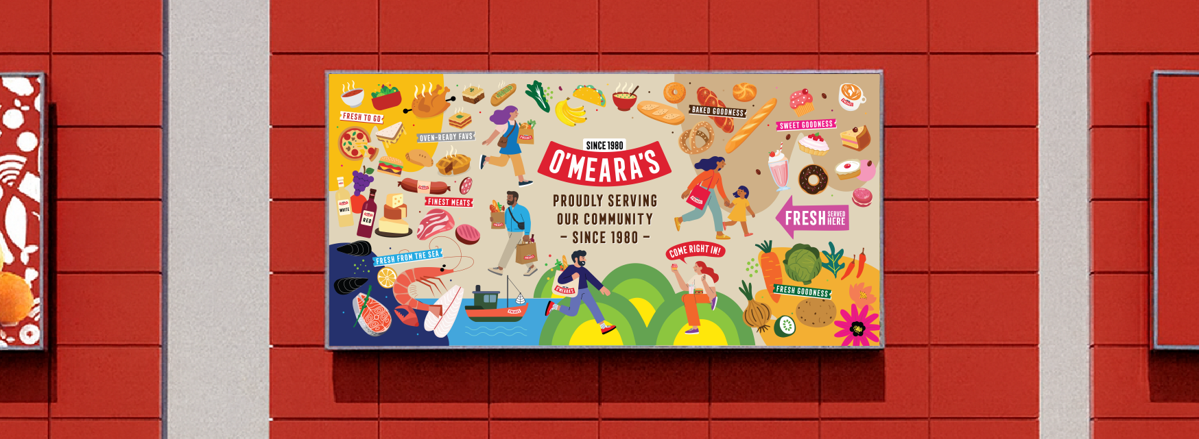 Colorful billboard advertising O'Meara's, a community-serving food company established in 1980, featuring illustrations of fresh seafood, meats, baked goods, snacks, vegetables, and desserts.