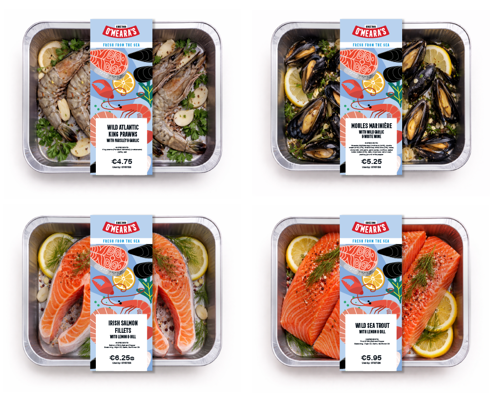 Four containers of fresh seafood, including king prawns, mussels, salmon fillets, and sea trout, garnished with lemon slices and herbs.