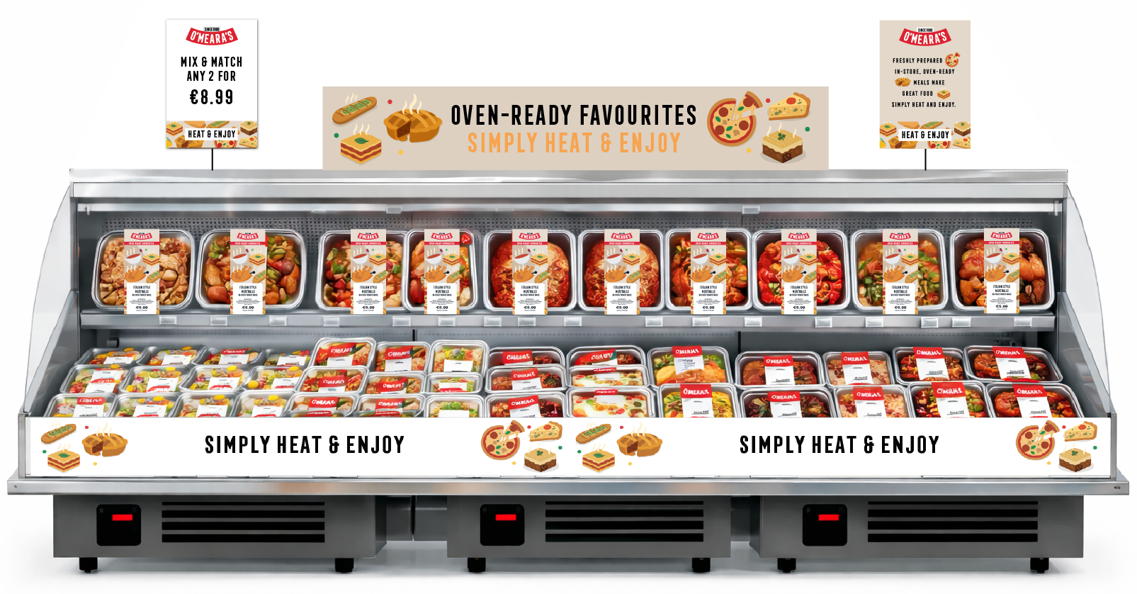 A refrigerated display case with pre-packaged prepared meals, labeled as oven-ready favorites, with promotional signs indicating prices and the slogan 'Simply Heat & Enjoy.'