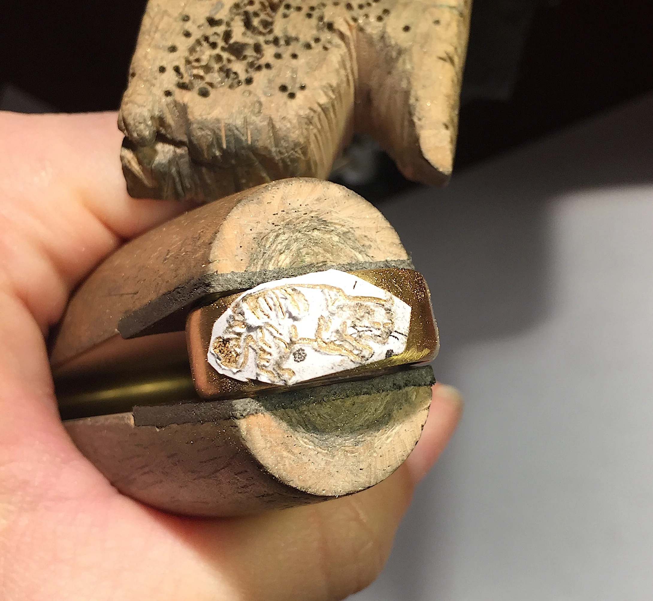 Engraving directly over the pattern for the wild cat. The whiskers were added on freehand!