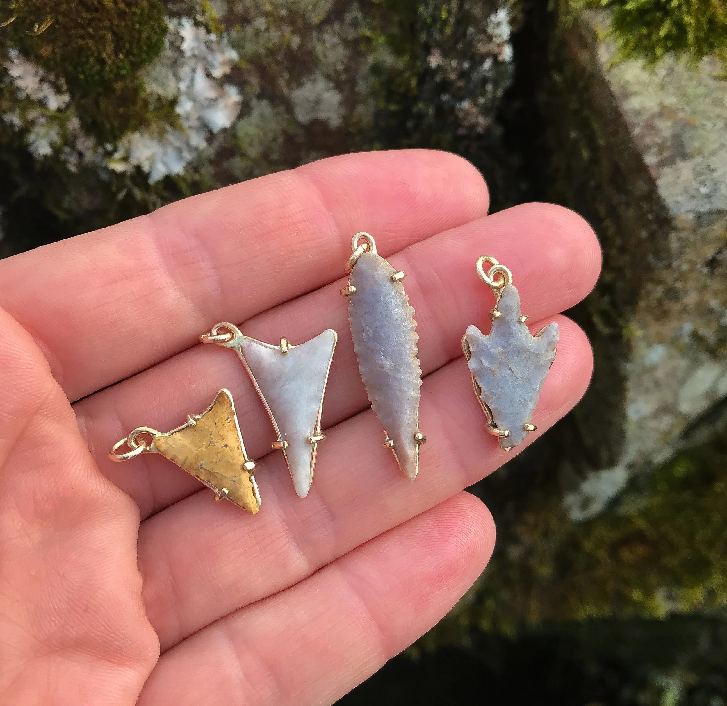 Neolithic Saharan arrowhead talismans, dating from c.4000BC, set in recycled 9ct yellow gold. From two of our recent #fridayatfourdrop posts on Instagram… and all sold out.