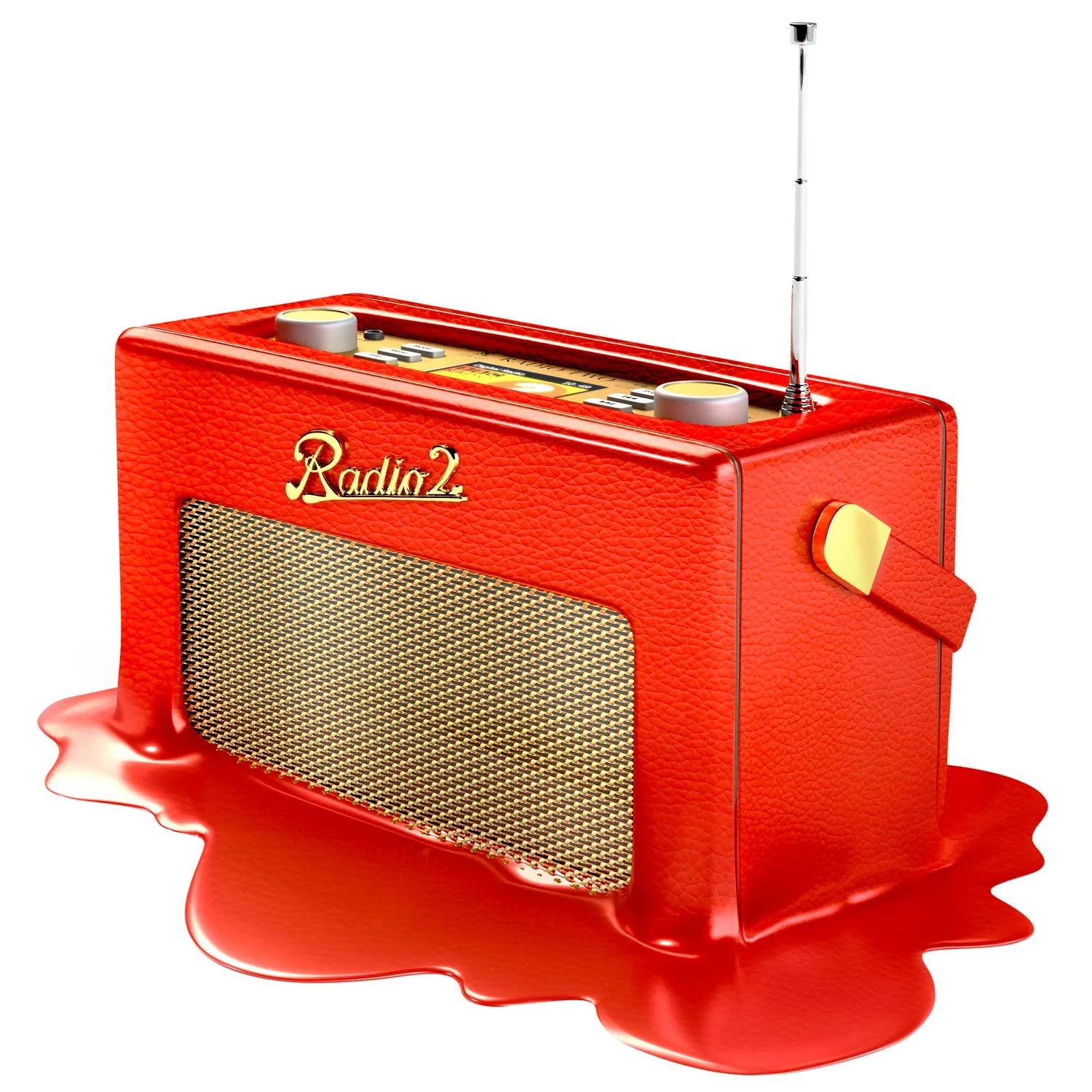 Vintage red radio with gold details melting into a glossy puddle. Antenna upright, textured surface, surreal, and whimsical style.