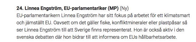 Varje år släpper tidningen Aktuell Hållbarhet sin lista på "miljömäktigast i Sverige". I år 2017 är jag på plats nummer 24! Väldigt roligt! Läs mer här: http://www.aktuellhallbarhet.se/personerna-pa-plats-21-30-pa-listan/