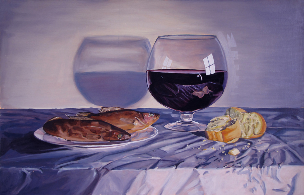 Three Bottles in One Glass or Dinner Time Oil on paper