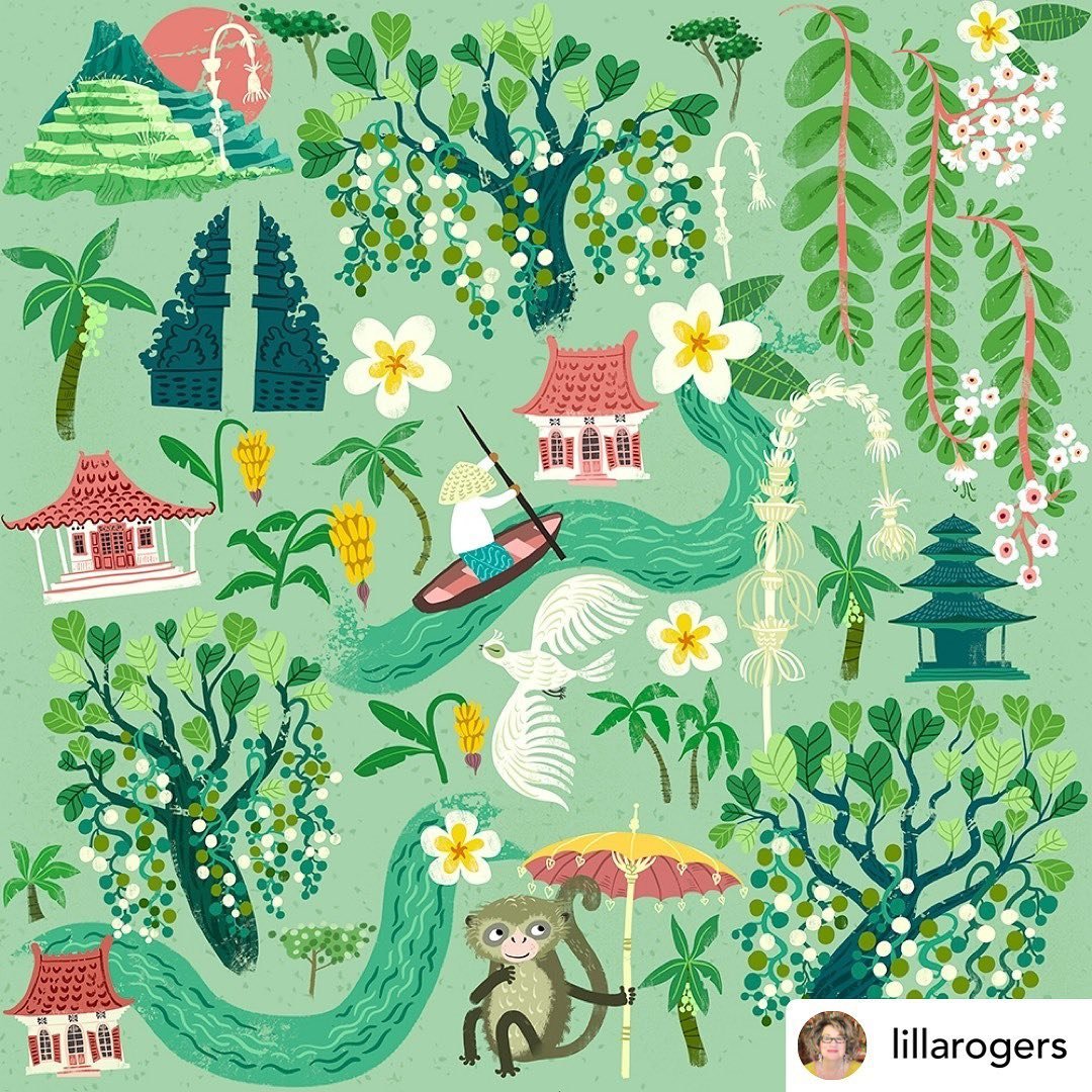 Image made for this year&rsquo;s #lillasmenagerie, inspired by Bali. Posted @withregram &bull; @lillarogers Beautiful Bali village pattern by Asa Gilland (@asagilland). 

#asagilland #lillarogers #lillarogersstudio #art #illustration #artagent #print