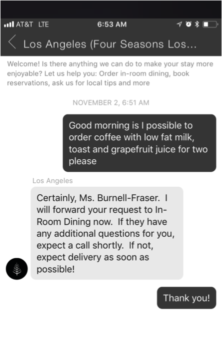 An example of a guest using the Four Seasons live chat feature.