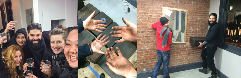 Building our dreams from the ground up, L to R: A handful of us celebrating our lease signing in our empty space (there was no heat yet and it was FREEZING), Getting our hands dirty sanding and staining our soon to be stations, Jeffrey and Russell laying out the space.