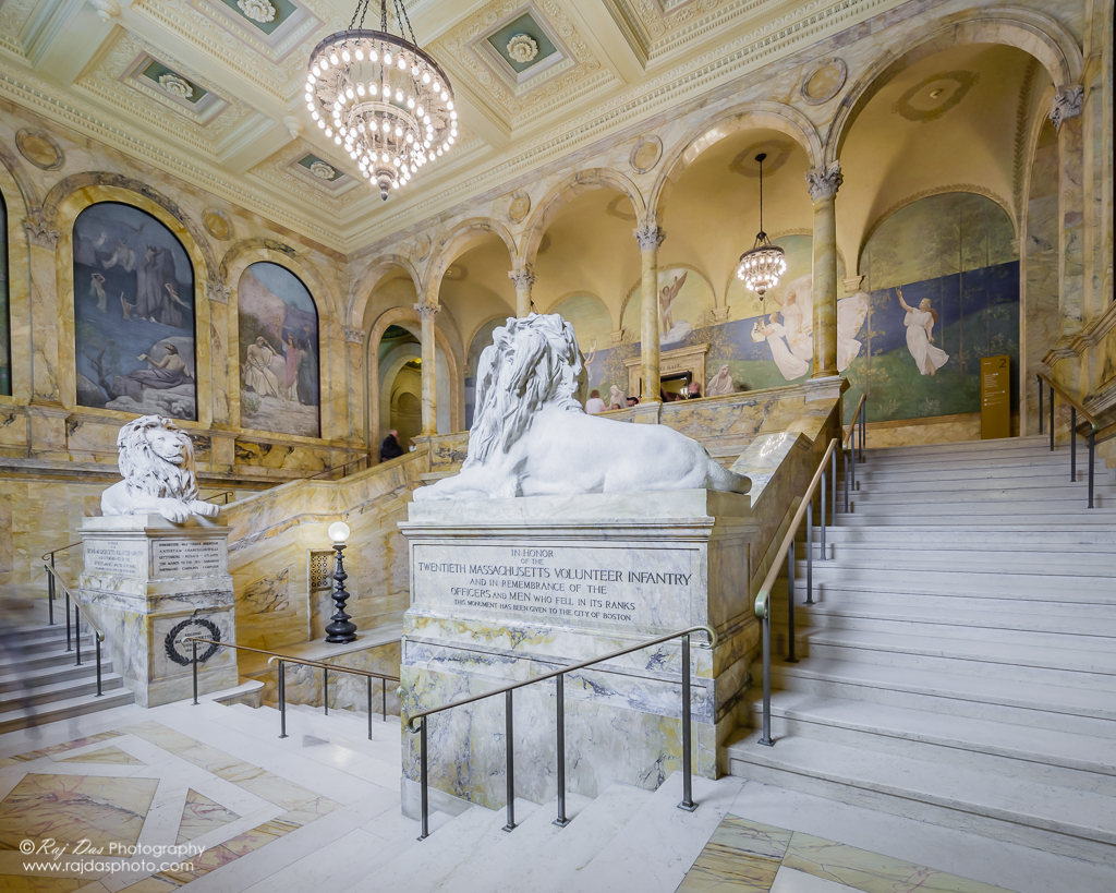 Another view of the marble main staircase and the lions. The lions are a memorial to the 2nd and 20th Massachusetts Regiments of the Civil War.