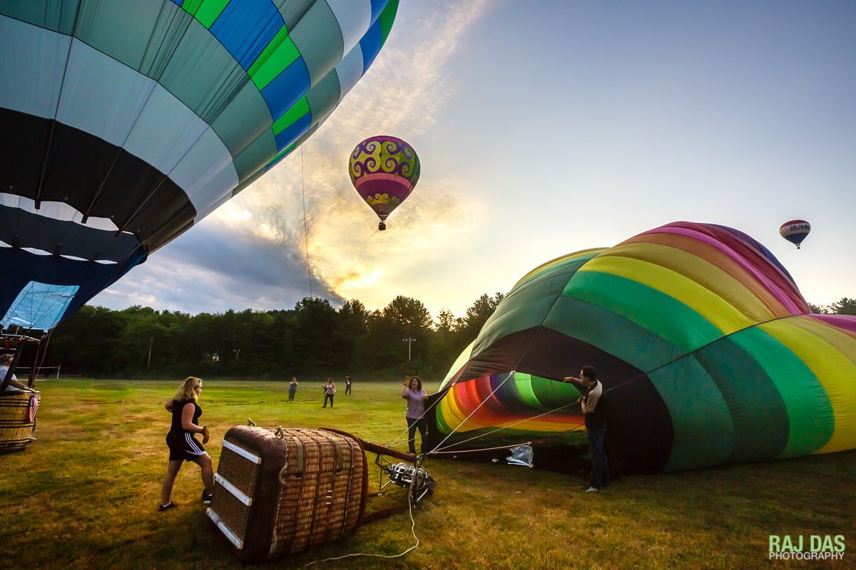 A balloon inflated with cold air is ready to have the burner turned on