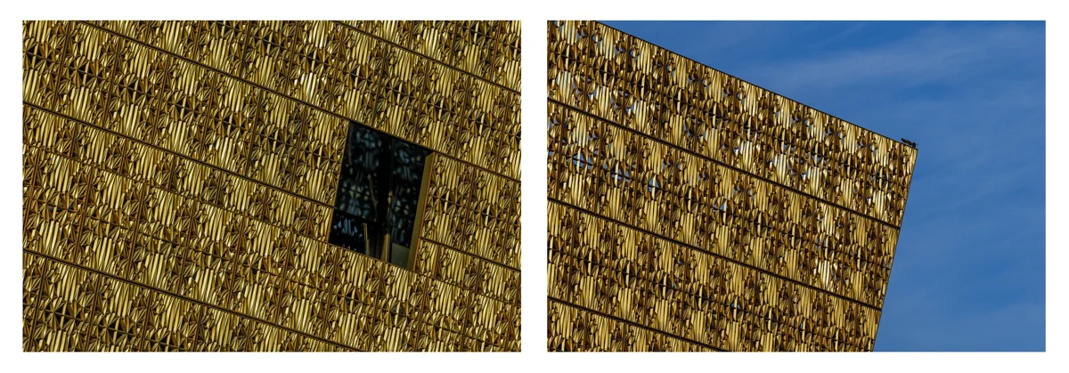  Details of the bronze colored corona panels on the front facade of the Museum