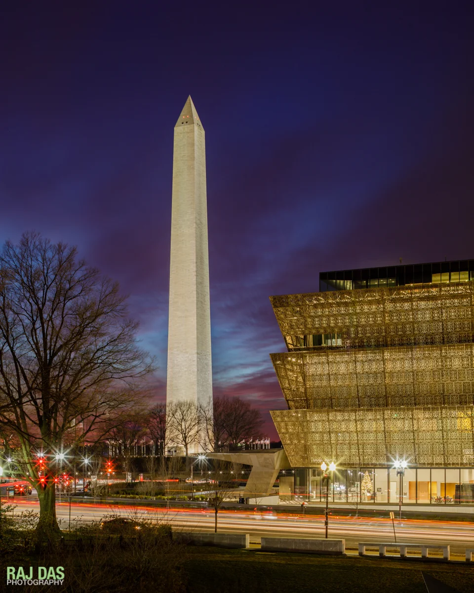 View of the Washington Monument and the Museum with the evening traffic on 14th Street