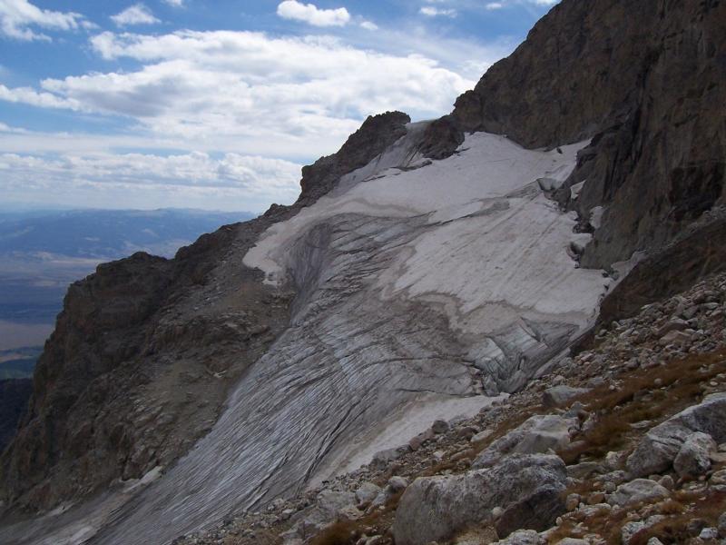 Middle Teton Glacier from the Lower Saddle, blue glacial ice and crevasses showing. Photo courtesy NPS.
