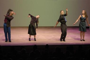 Turtle Dreams (Waltz), 1983, left to right: Ching Gonzalez, Meredith Monk, Theo Bleckmann, Katie Geissinger; photo courtesy Stephanie Berger