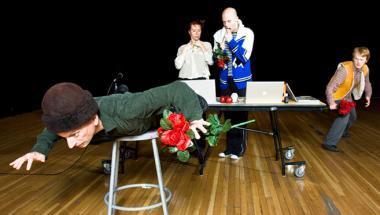 Let us think of these things always. Let us speak of them never, performance by Every house has a door, 2009 (directed by Lin Hixson), pictured left to right: Matthew Goulish, Selma Banich, Mislav Cavajda, Stephen Fiehn; photo courtesy John Sisson