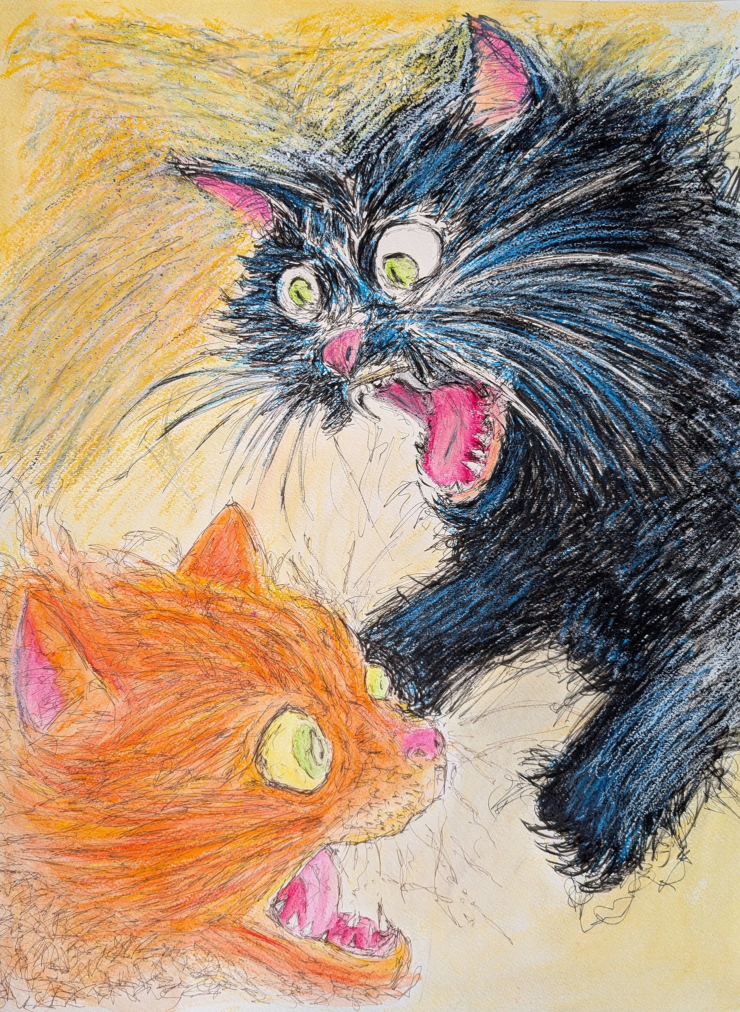cat-fight-pen-ink-drawing-abstract-expressionist-oil-pastels-micron-black-cat-orange-cat.jpg