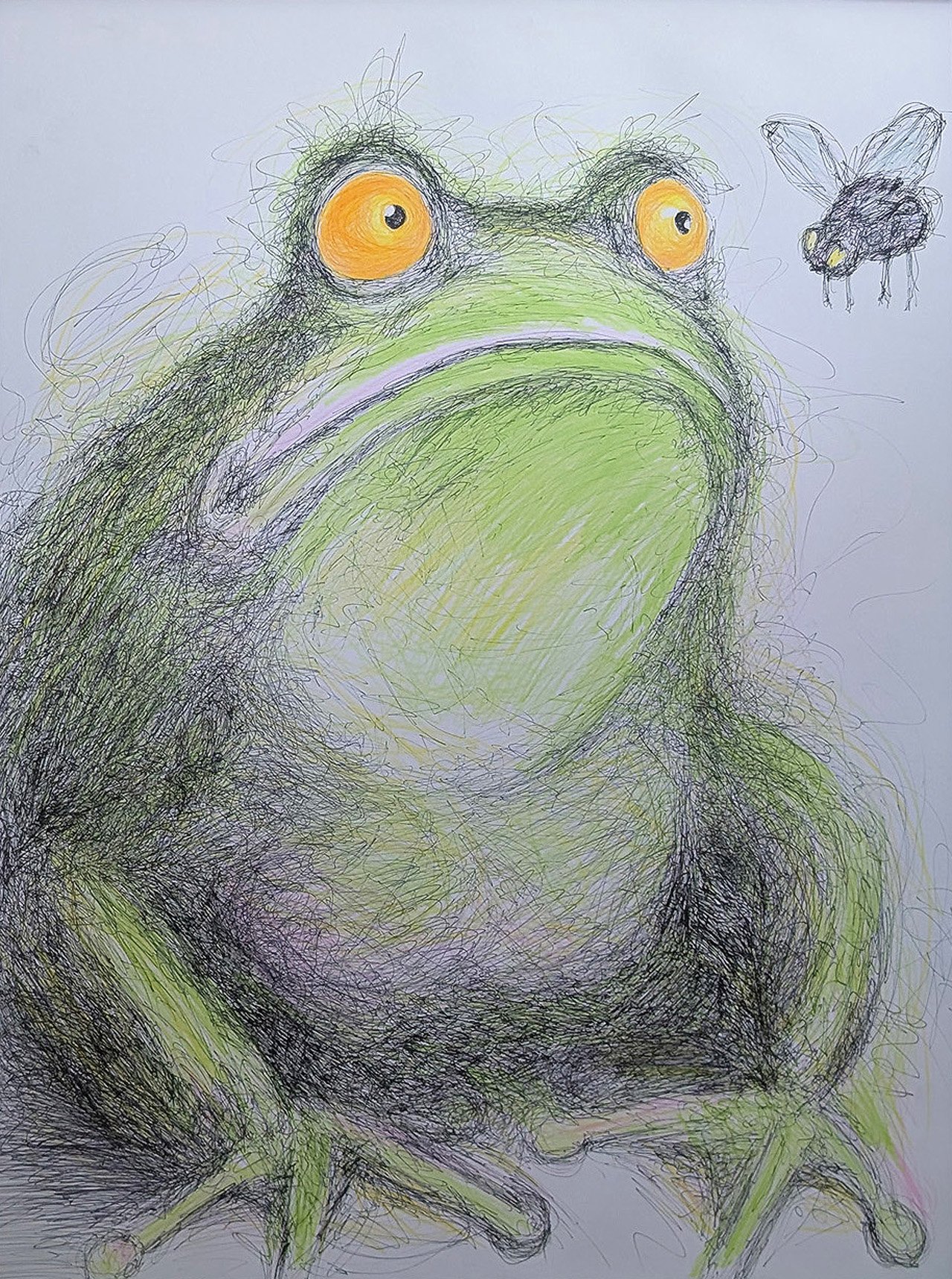 frog-pen-ink-drawing-abstract-expressionist-charcoal-wax-crayon-scribble-wide-eyed-watchers-animals-cy-twombly-ralph-steadman-whimsical-childlike-line-art-black-white-green-orange-he-waits-1.jpg