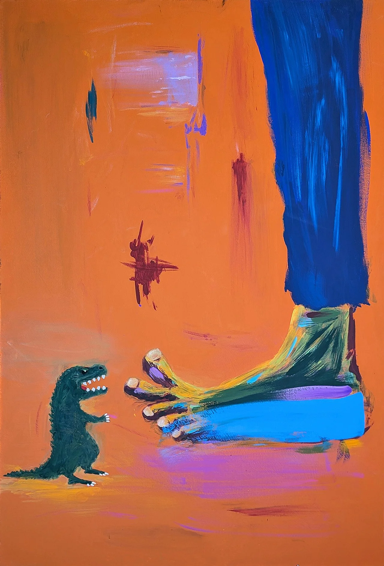 dinosaur-trex-big-foot-monster-frankenstein-paintings-minimalist-modern-contemporary-fine-art-colorful-orange-turquoise-blue-green-spooky-halloween-basquiat-1.jpg