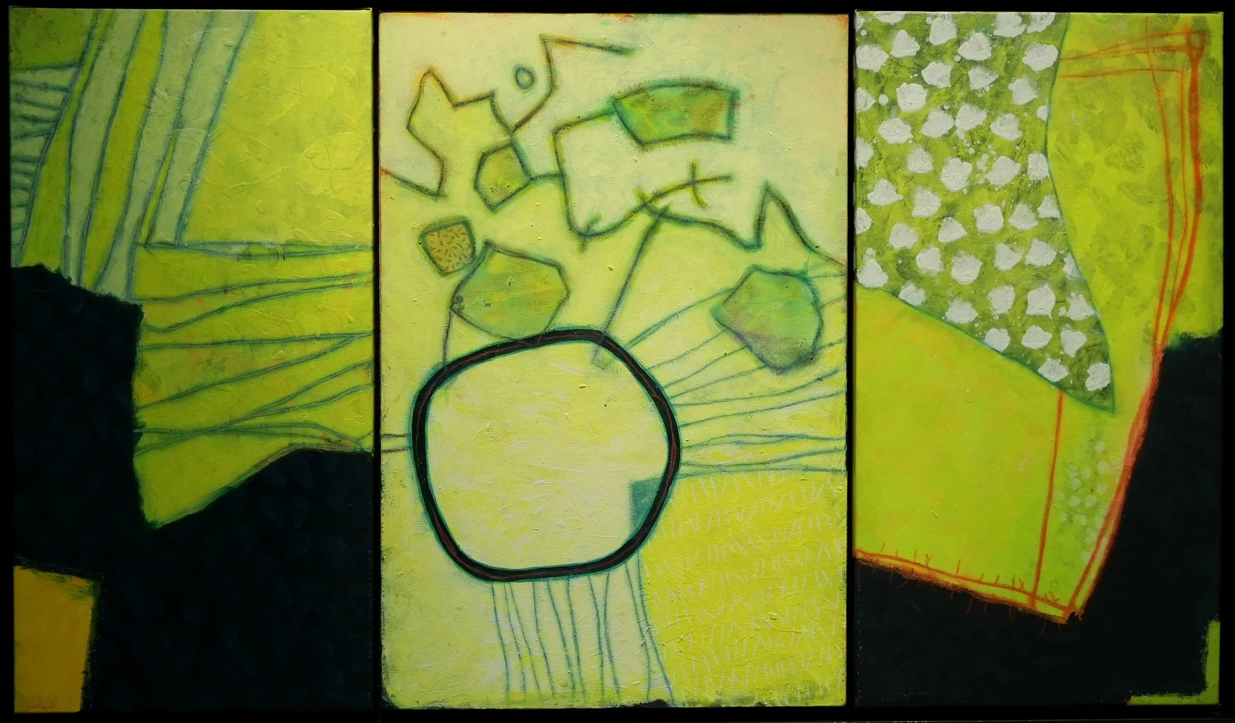 Discourses on the powders of sympathy (2014-15; acrylic and mixed media on three canvases)